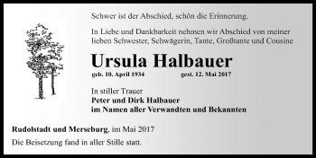 Traueranzeige von Ursula Halbauer von Mitteldeutsche Zeitung Merseburg/Querfurt