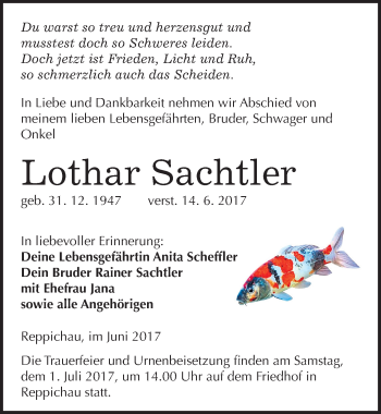 Traueranzeige von Lothar Sachtler von Mitteldeutsche Zeitung Köthen