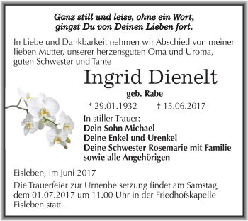 Traueranzeige von Ingrid Dienelt von Wochenspiegel Mansfelder Land
