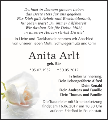 Traueranzeige von Anita Arlt von WVG - Wochenspiegel Bitterfeld