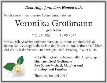 Traueranzeige von Veronika Großmann von Wochenspiegel Mansfelder Land