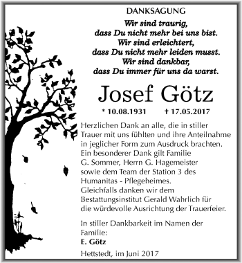Traueranzeige von Josef Götz von Mitteldeutsche Zeitung Mansfelder Land