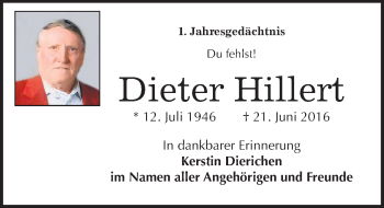 Traueranzeige von Dieter Hillert von Mitteldeutsche Zeitung Weißenfels