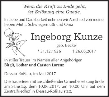 Traueranzeige von Ingeborg Kunze von WVG - Wochenspiegel Dessau / Köthen
