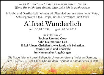 Traueranzeige von Alfred Wunderlich von Super Sonntag SGH Mansf. Land