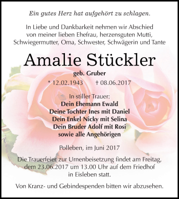 Traueranzeige von Amalie Stückler von Super Sonntag SGH Mansf. Land