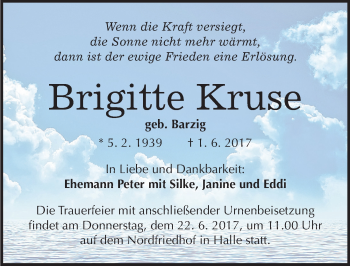 Traueranzeige von Brigitte Kruse von Mitteldeutsche Zeitung Halle/Saalkreis