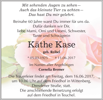 Traueranzeige von Käthe Kase von Mitteldeutsche Zeitung Wittenberg