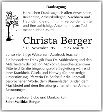 Traueranzeige von Christa Berger von Mitteldeutsche Zeitung Bitterfeld