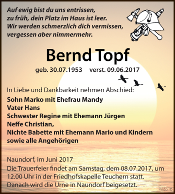 Traueranzeige von Bernd Topf von WVG - Wochenspiegel NMB / WSF / ZTZ