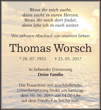 Traueranzeige von Thomas Worsch von Mitteldeutsche Zeitung Halle/Saalkreis