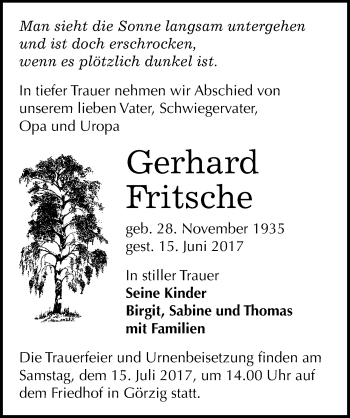 Traueranzeige von Gerhard Fritsche von Mitteldeutsche Zeitung Köthen