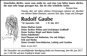 Traueranzeige von Rudolf Gaube von Mitteldeutsche Zeitung Quedlinburg