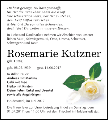 Traueranzeige von Rosemarie Kutzner von Super Sonntag SGH Mansf. Land