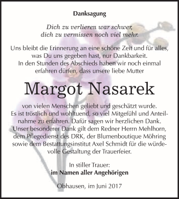 Traueranzeige von Margot Nasarek von WVG - Wochenspiegel Merseburg