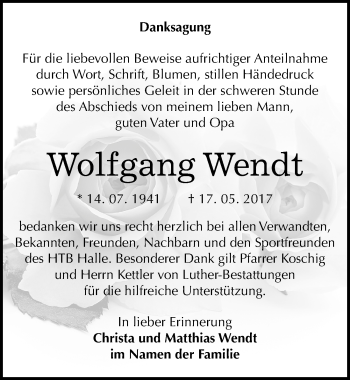 Traueranzeige von Wolfgang Wendt von Mitteldeutsche Zeitung Halle/Saalkreis