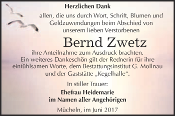 Traueranzeige von Bernd Zwetz von WVG - Wochenspiegel Merseburg