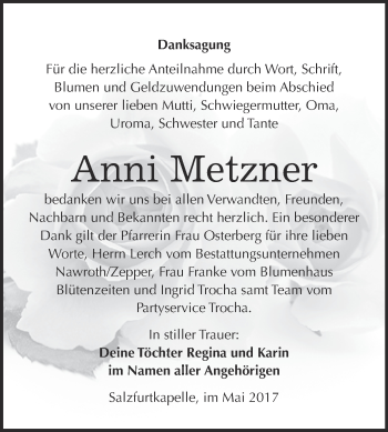Traueranzeige von Anni Metzner von WVG - Wochenspiegel Bitterfeld