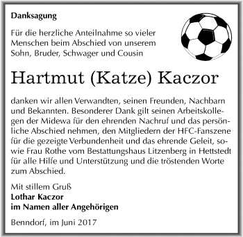 Traueranzeige von Hartmut Kaczor von Mitteldeutsche Zeitung Mansfelder Land