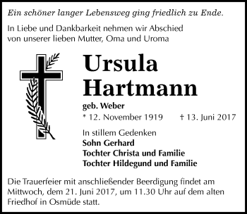 Traueranzeige von Ursula Hartmann von Mitteldeutsche Zeitung Halle/Saalkreis