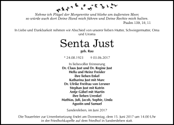 Traueranzeige von Senta Just von Mitteldeutsche Zeitung Mansfelder Land