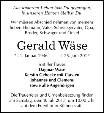 Traueranzeige von Gerald Wäse von Mitteldeutsche Zeitung Köthen