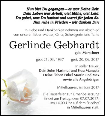 Traueranzeige von Gerlinde Gebhardt von Super Sonntag SGH Mansf. Land