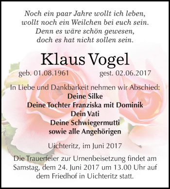 Traueranzeige von Klaus Vogel von WVG - Wochenspiegel NMB / WSF / ZTZ