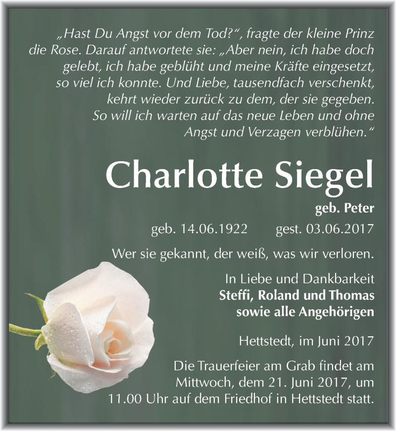  Traueranzeige für Charlotte Siegel vom 10.06.2017 aus Mitteldeutsche Zeitung Mansfelder Land