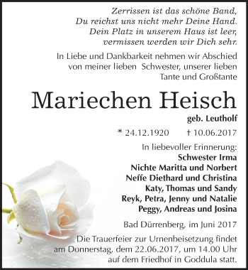 Traueranzeige von Mariechen Heisch von Mitteldeutsche Zeitung Merseburg/Querfurt