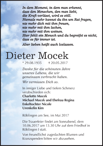 Traueranzeige von Dieter Mocek von Mitteldeutsche Zeitung Mansfelder Land