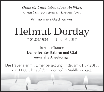 Traueranzeige von Helmut Dorday von WVG - Wochenspiegel Bitterfeld