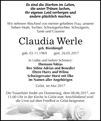 Traueranzeige von Claudia Werle von Mitteldeutsche Zeitung Merseburg/Querfurt