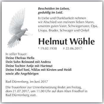 Traueranzeige von Helmut Wöhle von Super Sonntag Merseburg