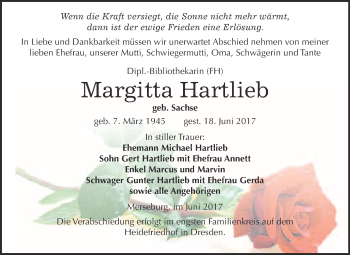 Traueranzeige von Margitta Hartlieb von Super Sonntag Quedlinburg