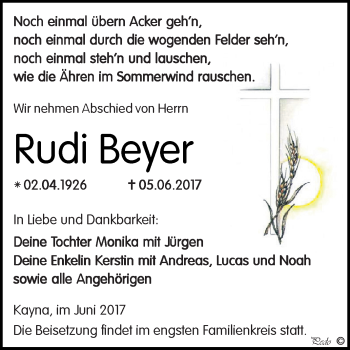 Traueranzeige von Rudi Beyer von Super Sonntag Zeitz
