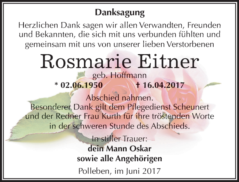  Traueranzeige für Rosmarie Eitner vom 03.06.2017 aus Mitteldeutsche Zeitung Mansfelder Land