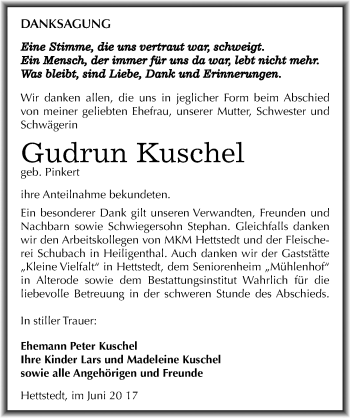 Traueranzeige von Gudrun Kuschel von Mitteldeutsche Zeitung Mansfelder Land