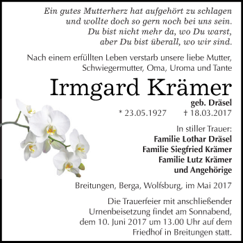 Traueranzeige von Irmgard Krämer von Super Sonntag SGH Mansf. Land