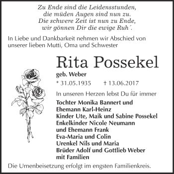 Traueranzeige von Rita Possekel von WVG - Wochenspiegel Bitterfeld