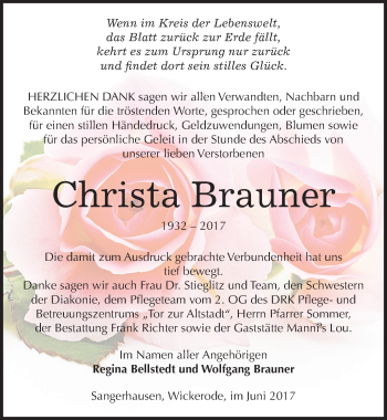 Traueranzeige von Christa Brauner von Mitteldeutsche Zeitung Sangerhausen
