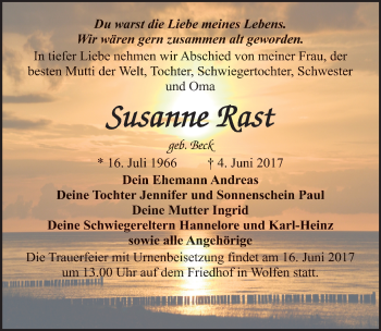 Traueranzeige von Susanne Rast von Mitteldeutsche Zeitung Bitterfeld