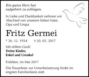 Traueranzeige von Fritz Germei von Mitteldeutsche Zeitung Mansfelder Land