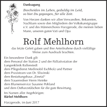 Traueranzeige von Rolf Mehlhorn von Super Sonntag Quedlinburg