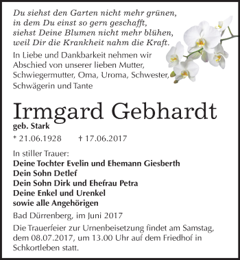 Traueranzeige von Irmgard Gebhardt von Mitteldeutsche Zeitung Weißenfels