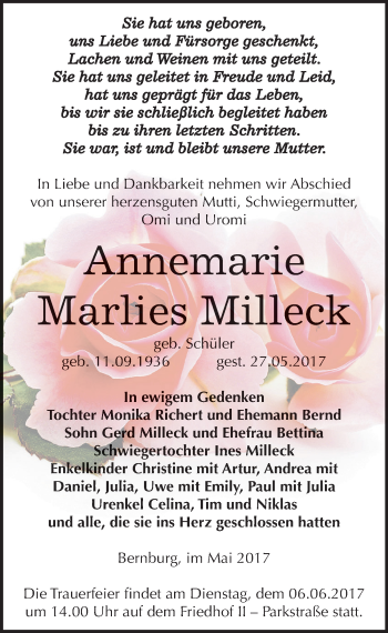 Traueranzeige von Annemarie Marlies Milleck von Mitteldeutsche Zeitung Bernburg
