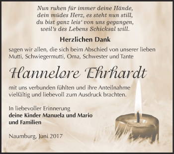 Traueranzeige von Hannelore Ehrhardt von WVG - Wochenspiegel NMB / WSF / ZTZ