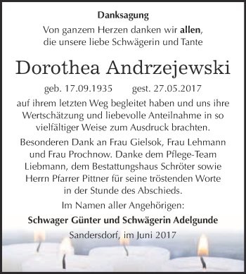 Traueranzeige von Dorothea Andrzejewski von WVG - Wochenspiegel Bitterfeld
