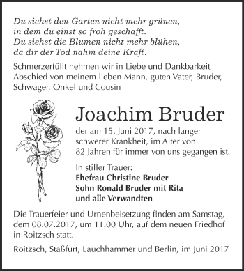 Traueranzeige von Joachim Bruder von WVG - Wochenspiegel Bitterfeld