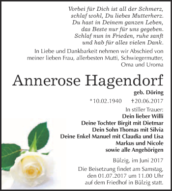 Traueranzeige von Annerose Hagendorf von Super Sonntag Wittenberg